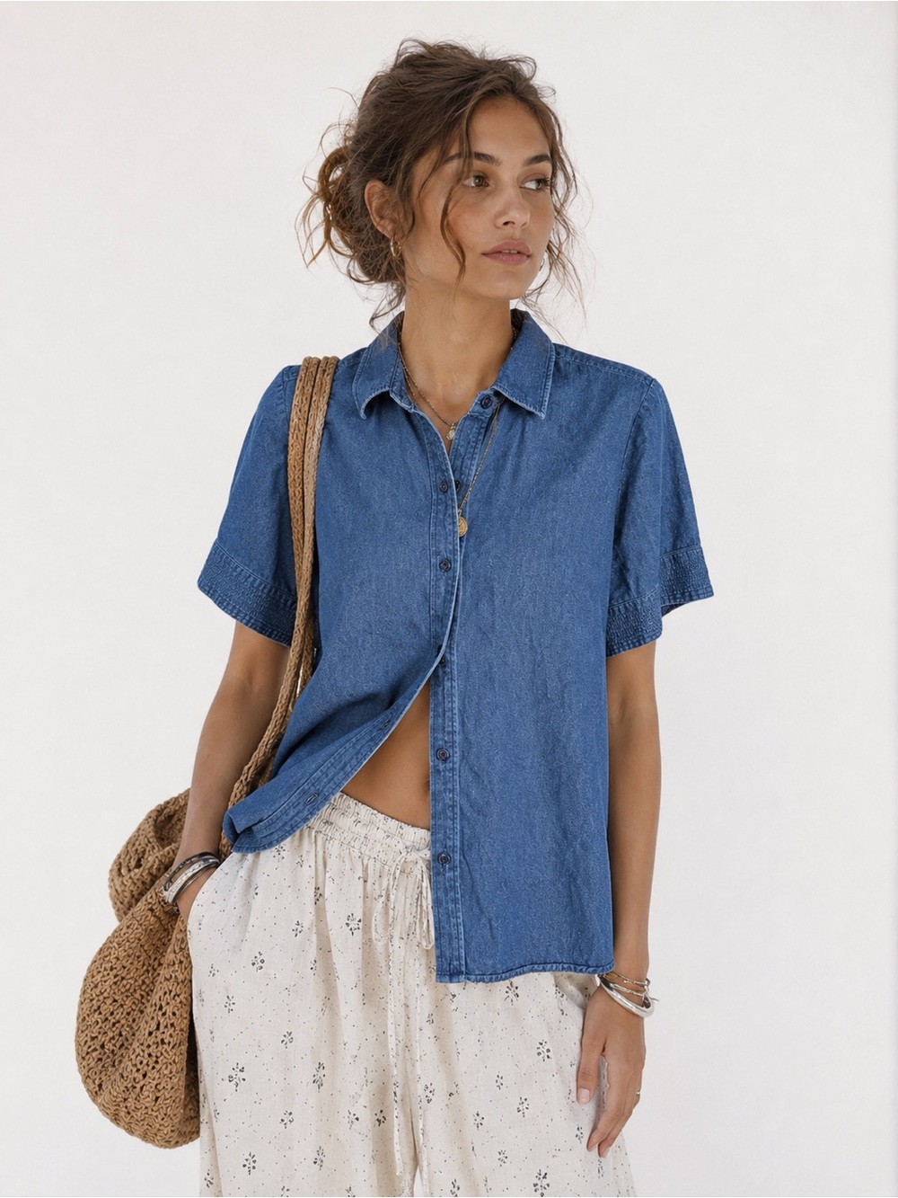 Denim Button Down Short Sleeve Shirt Loose Fit Blue Women’s Size Large